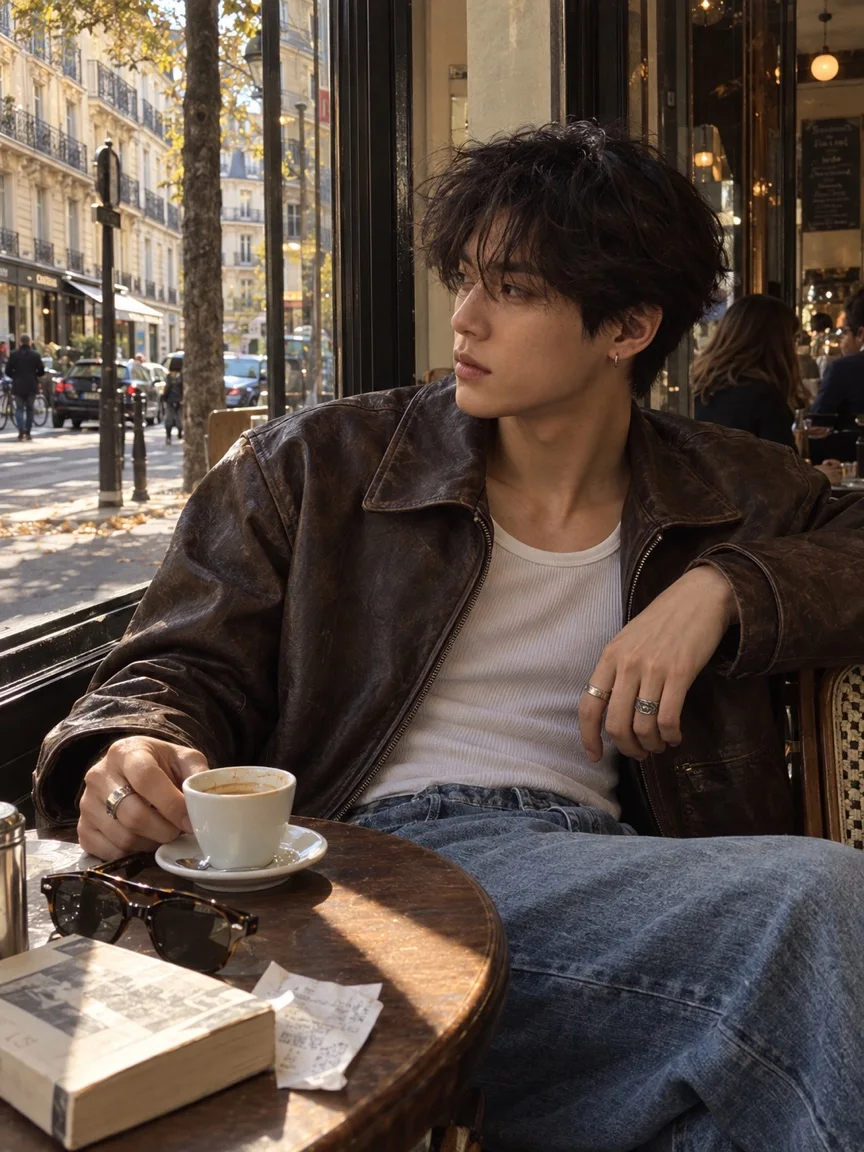 AI scene preview: man sitting by a café window