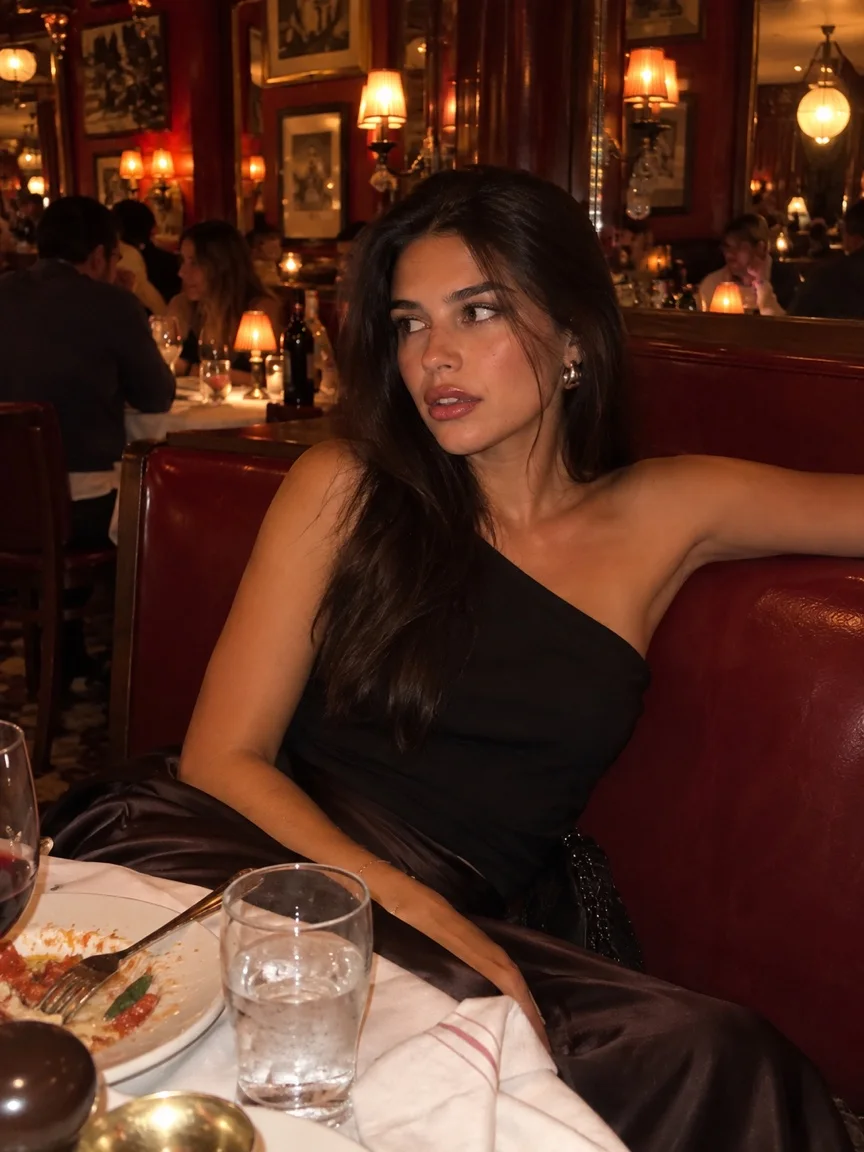 AI scene preview: woman at a softly lit restaurant
