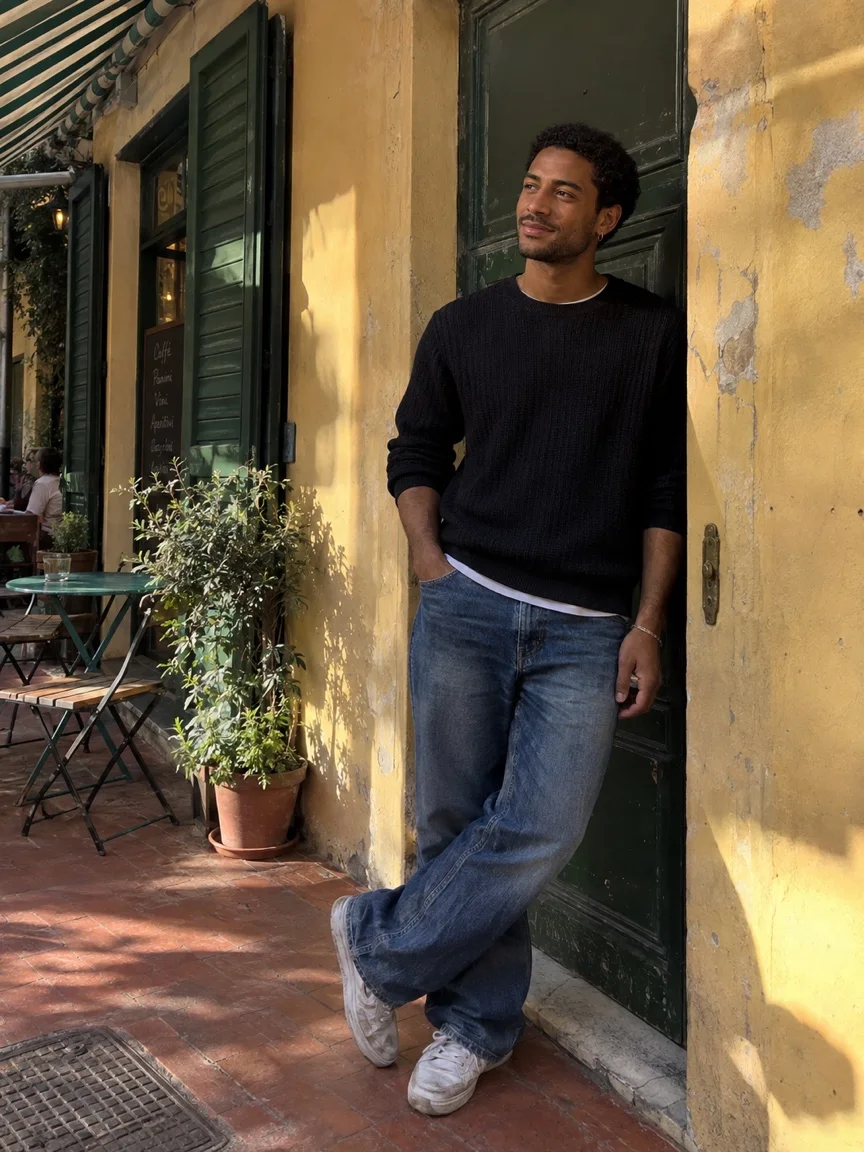 AI scene preview: man in a relaxed outfit outside a café